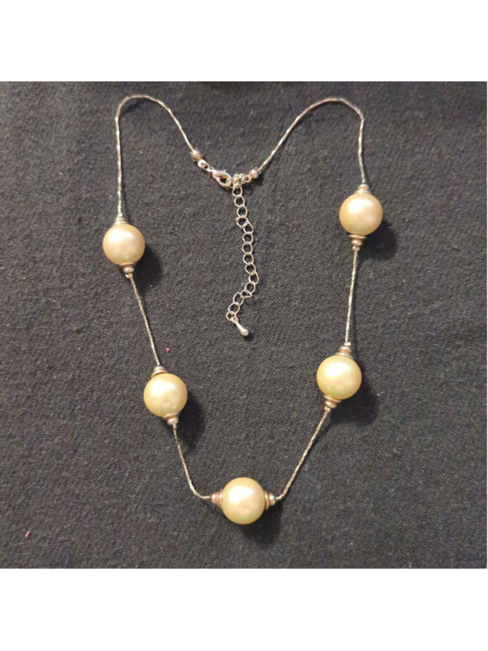 Silver Tone Chain and Cream Faux Pearl Beaded Station Statement Necklace
